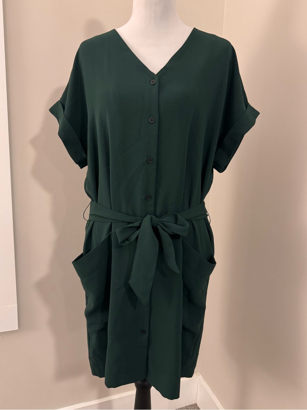 Frank And Oak Dark Forest Green Belted Short Sleeve Shirt Dress Size Small